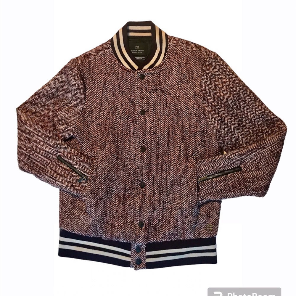 Scotch & Soda Men's Herringbone Bomber Jacket - Burgundy and Cream